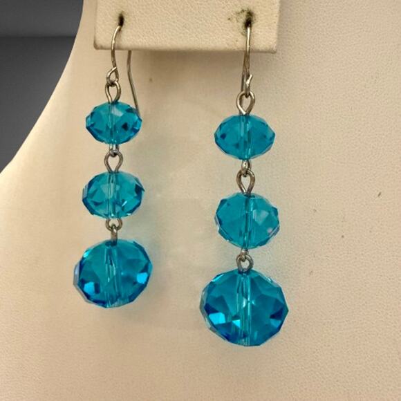Light Blue Faceted Triple Glass Bead Drop Earrings - Picture 1 of 4